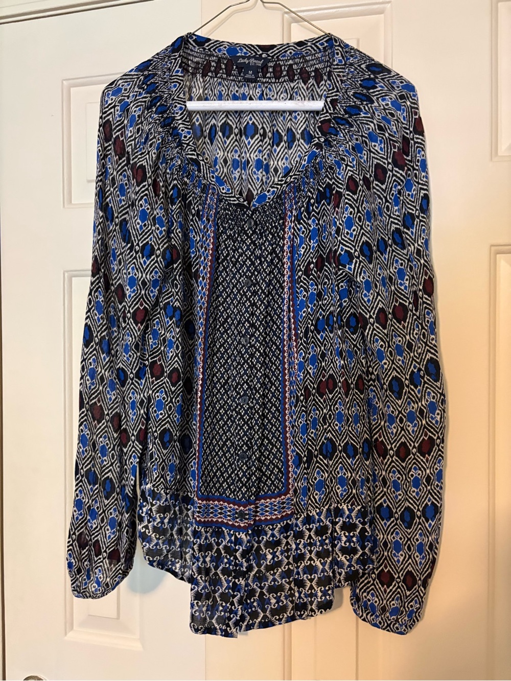 Lucky Brand Blue and Black Geometric Peasant Blouse